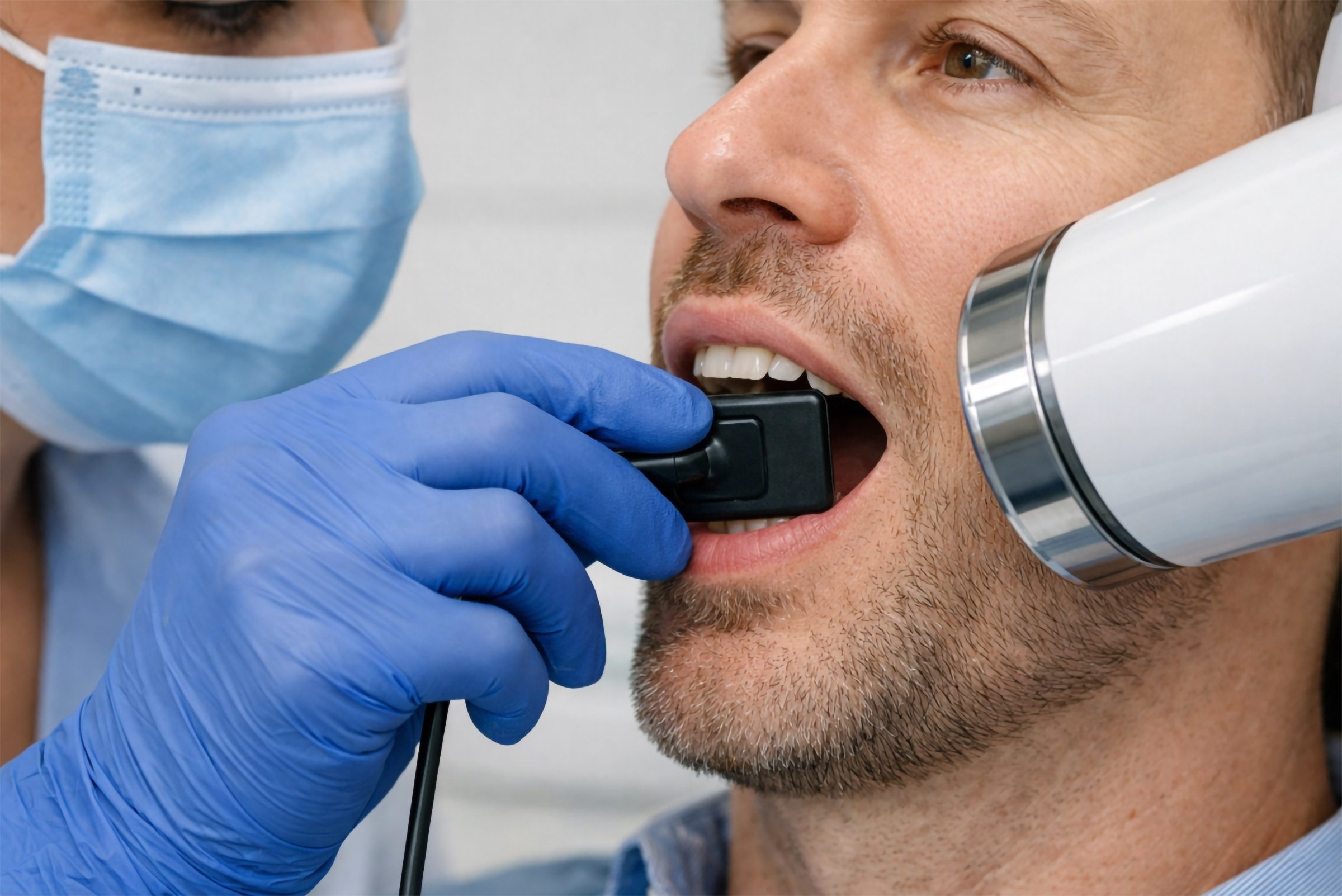An intraoral scanner recording a digital impression of a patient’s teeth