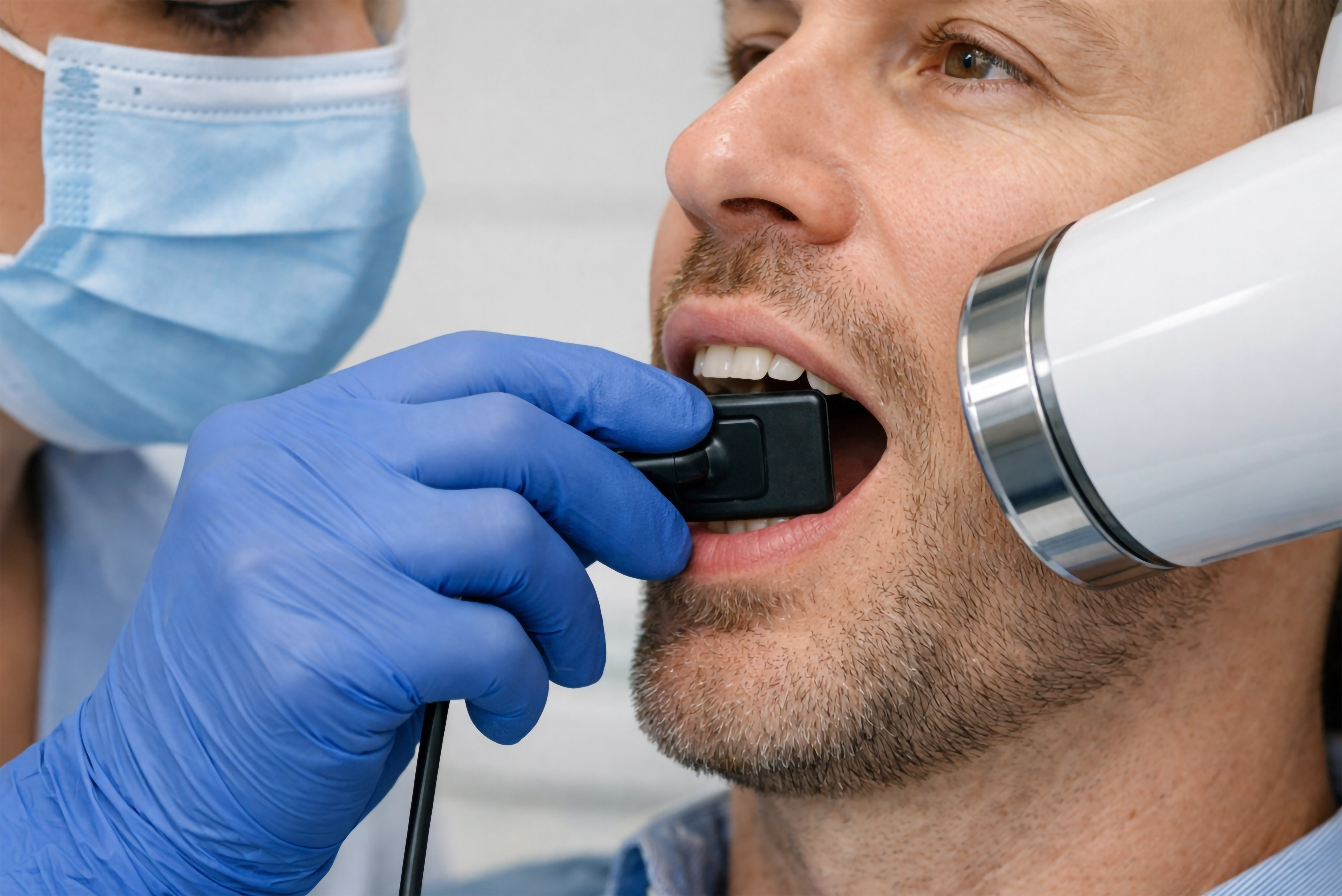 An intraoral scanner recording a digital impression of a patient’s teeth