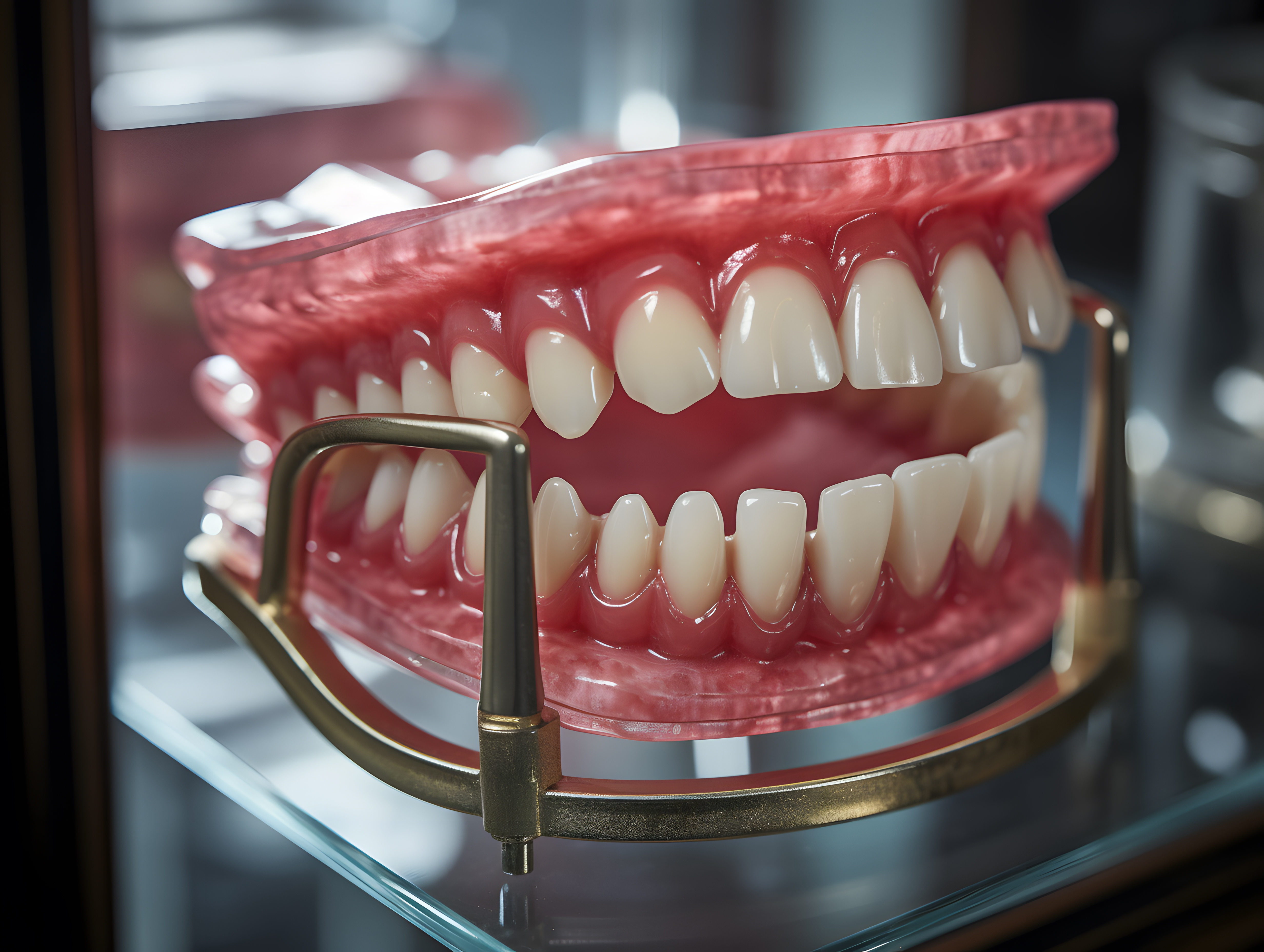 Acrylic dentures on display at the dentist