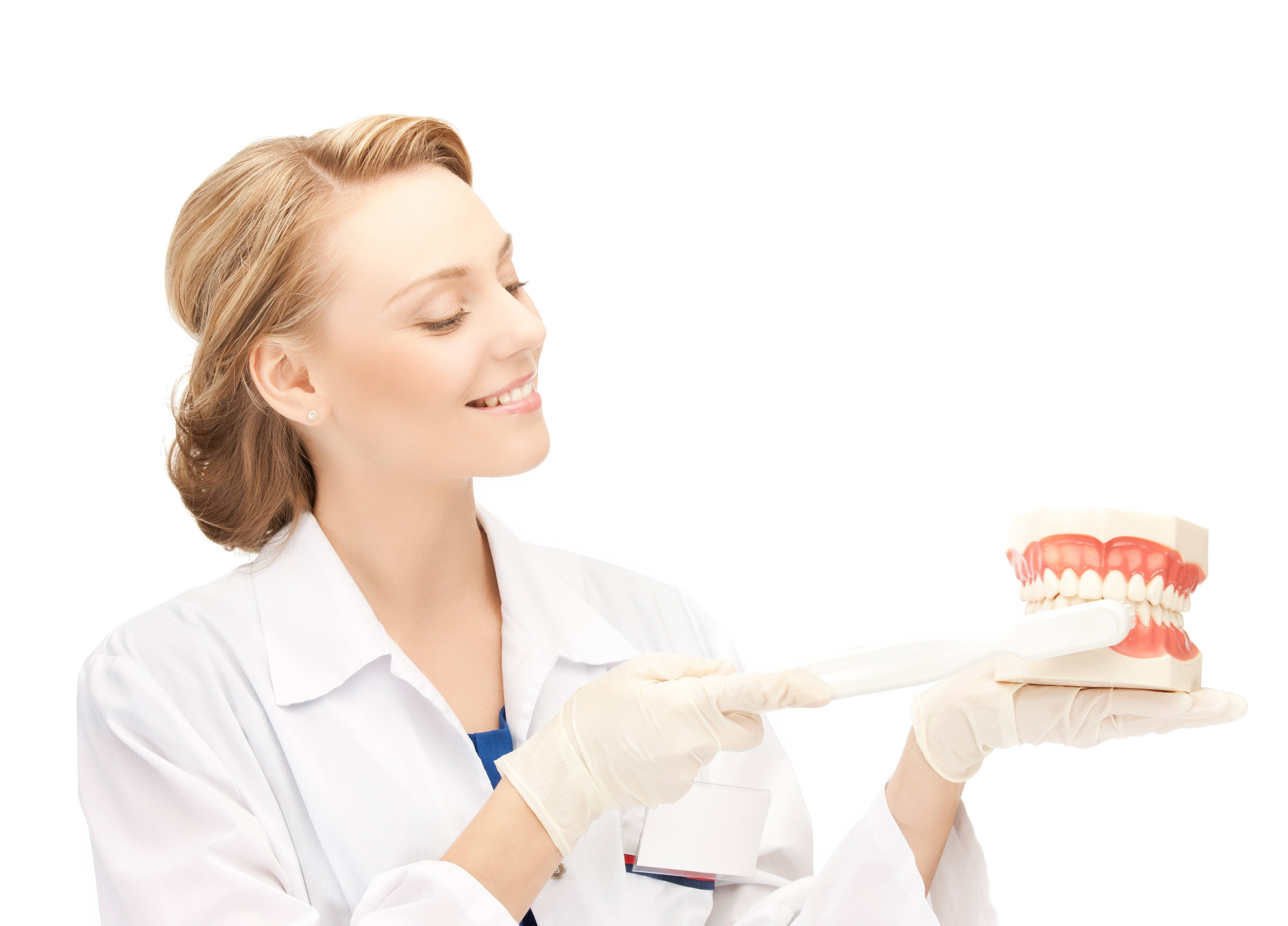 Smiling female doctor with big jaws and toothbrush