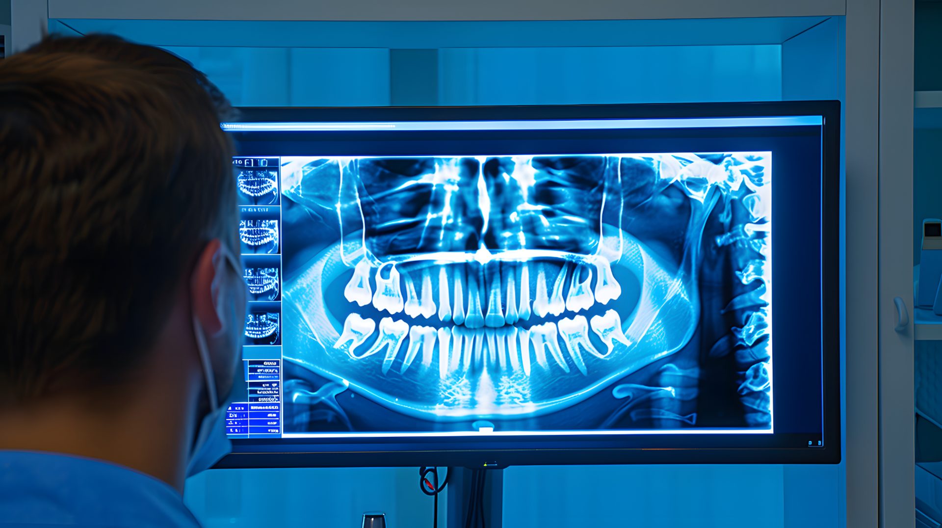 Clinician in a mask reviewing a panoramic dental X-ray of the full jaw on a monitor